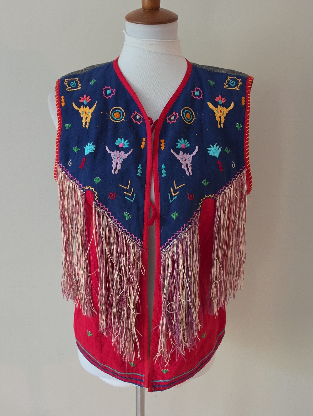 Irene Pulos Embroidered Red & Navy Fringe Vest - Women Accessories